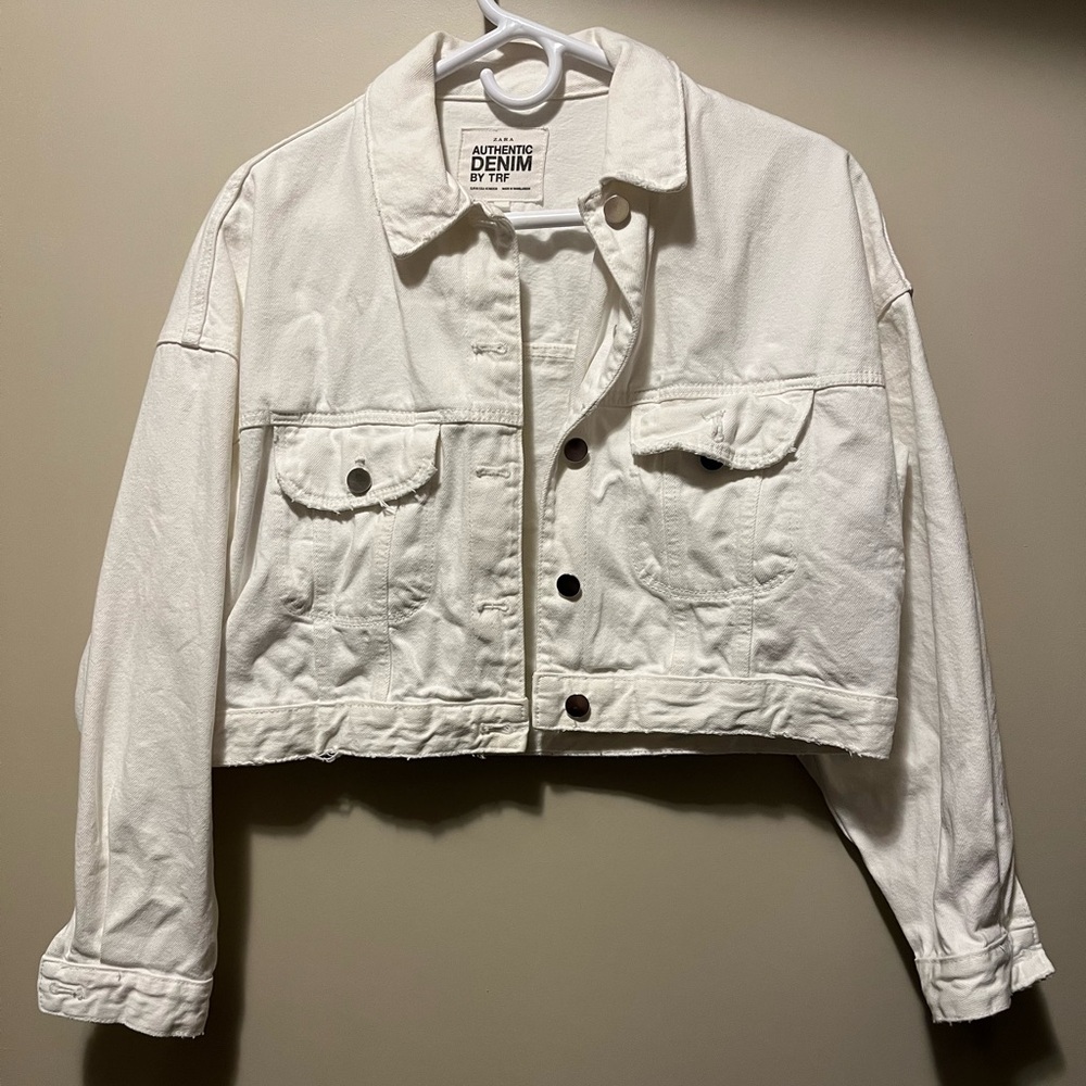 Zara White Cropped Denim Jacket